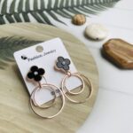 Rose Gold Stud Drop Earrings - Black Flower