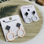 Stud Drop Earrings - Black Clover Leaf