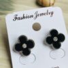Silver Stud Earrings - Black Flower