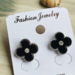 Silver Stud Earrings - Black Flower