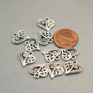 Silver Filigree Heart Pendant Charms 5pcs